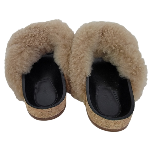New Chloe Sherling Slides Sherpa Faux Fur Sandals Size 36 US 6 Beige - Picture 7 of 10